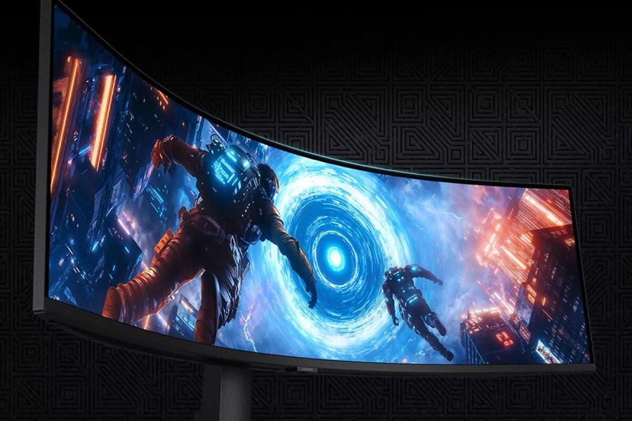 A wide monitor with a game on the screen