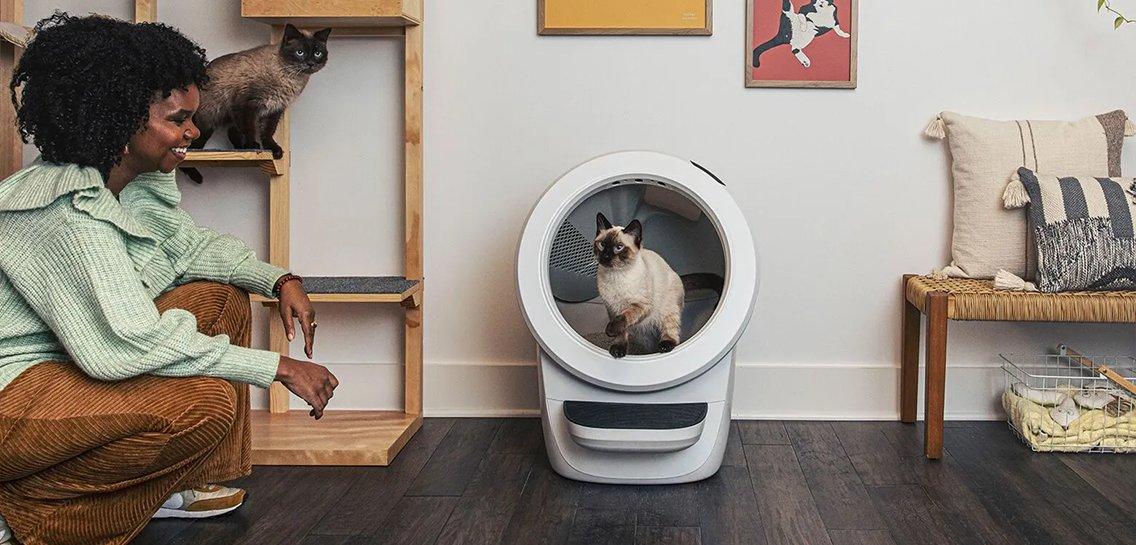 a woman sitting on a floor with a cat in a litter box