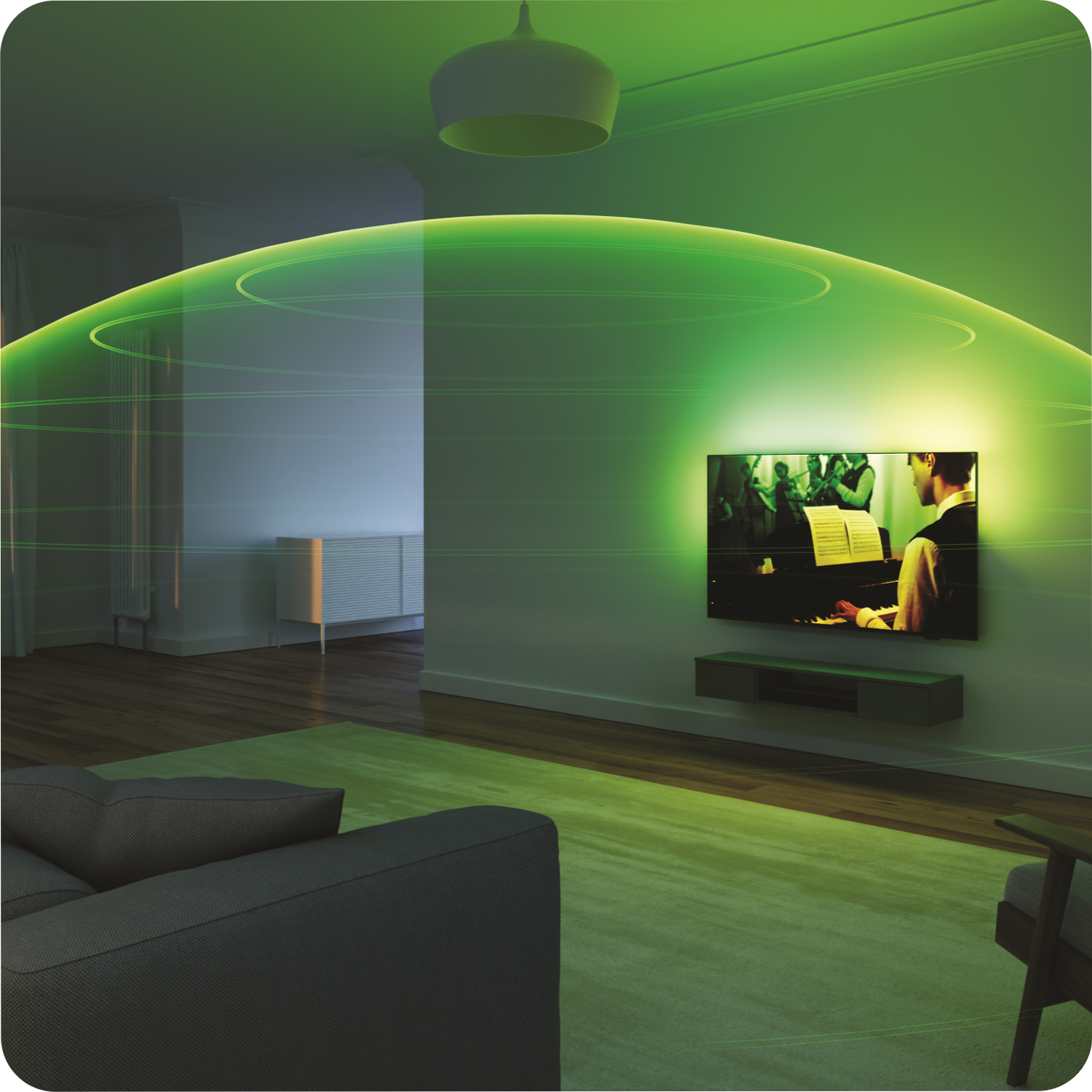 A living room with a TV on the wall with green lighting behind and over it