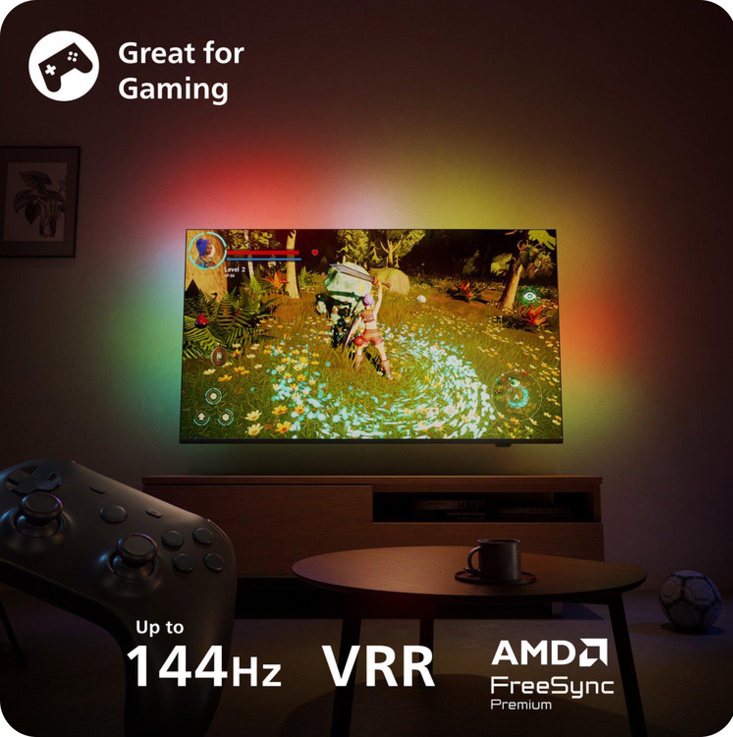 A TV on a wall with a game on the screen, Great for Gaming, up to 144Hz, VRR, AMD FreeSync Premium