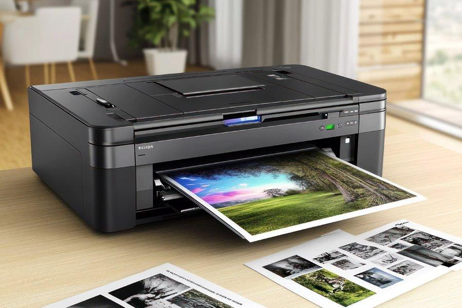 A black printer on a desk with a photo in the tray