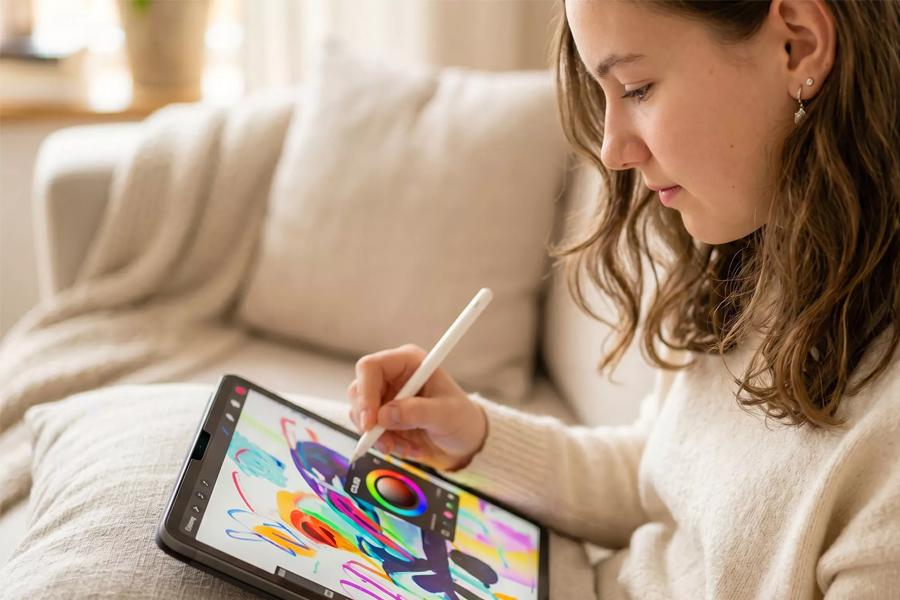 A young woman using an Apple Pencil to draw a colorful digital illustration on an iPad