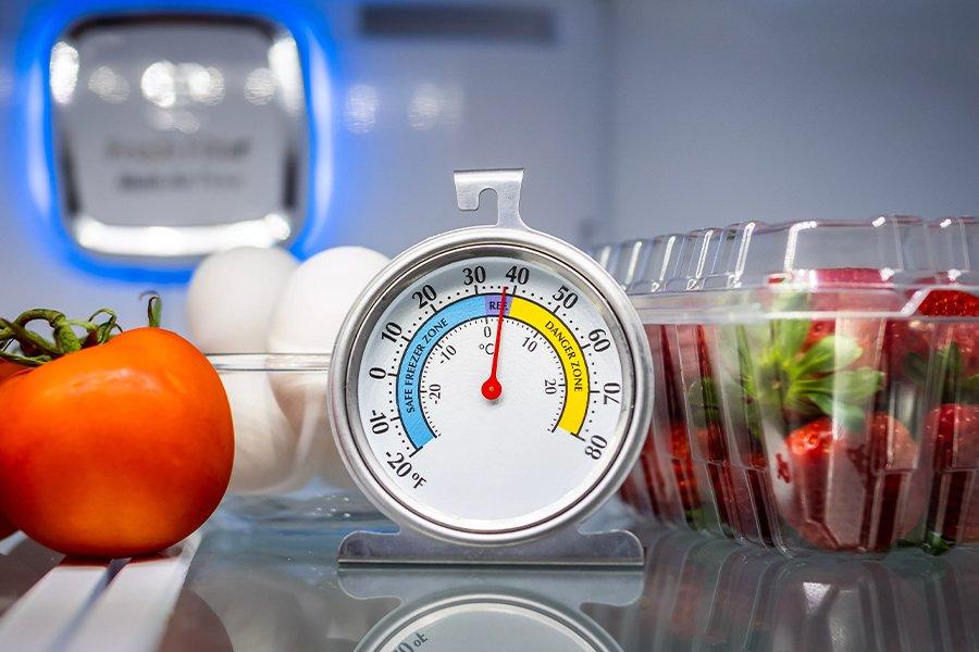 A round thermometer on a fridge shelf next to a punnet of strawberries, tomato and eggs