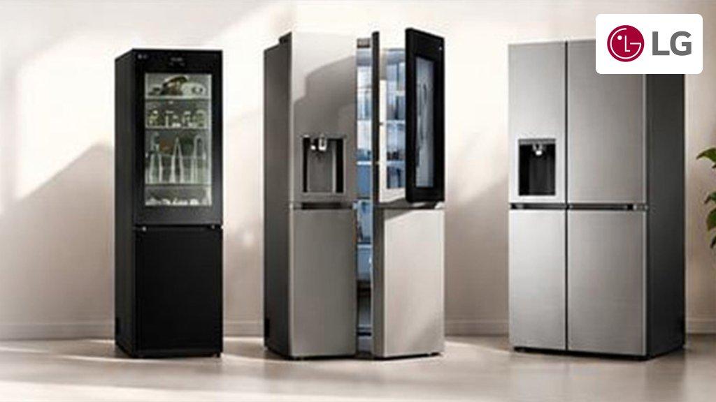 Three LG fridge freezers, one black slim and two silver American-style