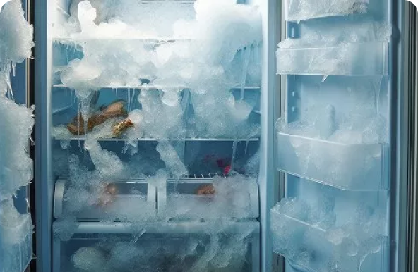 A freezer with the door open, everything inside is covered in ice