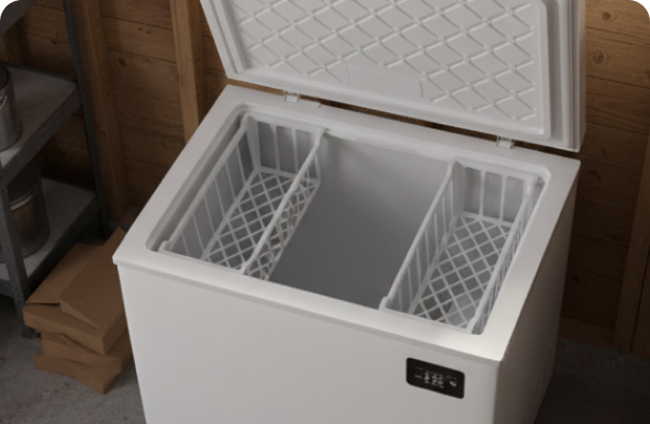 A chest freezer with the lid open and two storage baskets in the top