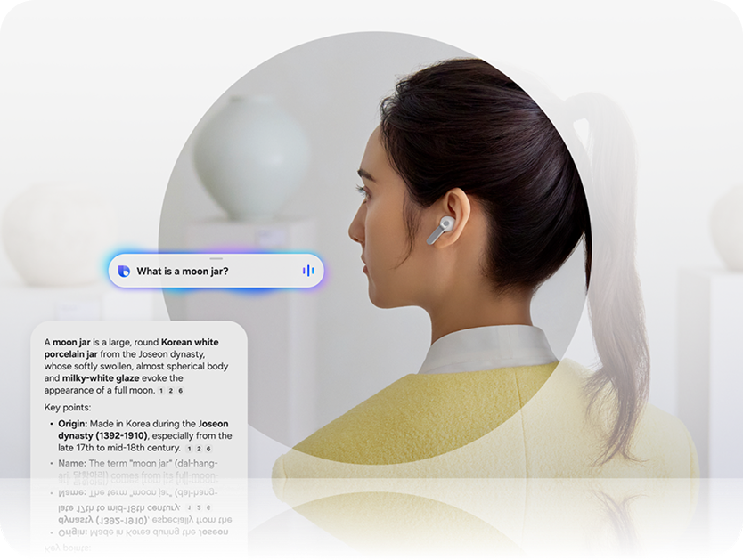 An AI prompt overlaid on a woman wearing earbuds