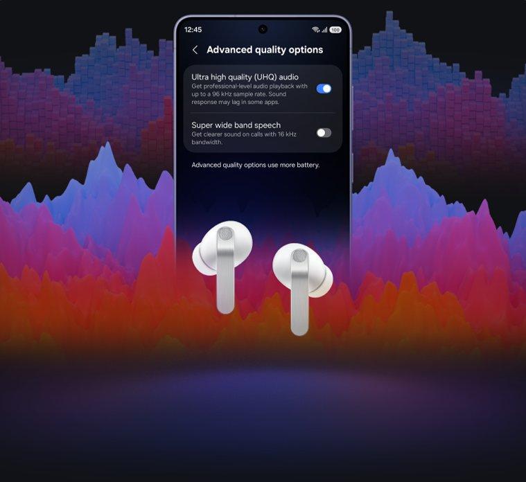 A pair of earbuds in front of a mobile phone with soundwaves in the bacground