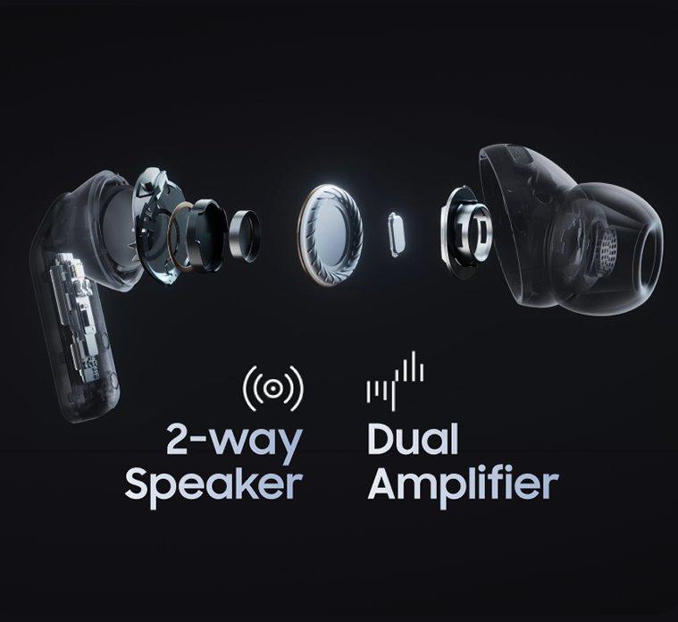 The cross section of an earbud with the copy 2-way speaker and Dual Amplifier