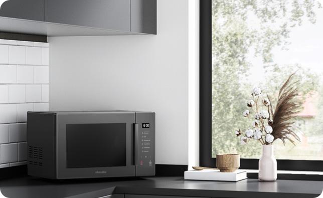 a microwave in the corner