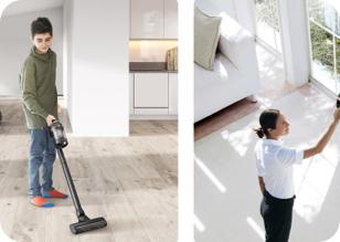a bespoke jet vacuum cleaner being used to clean a floor and a window