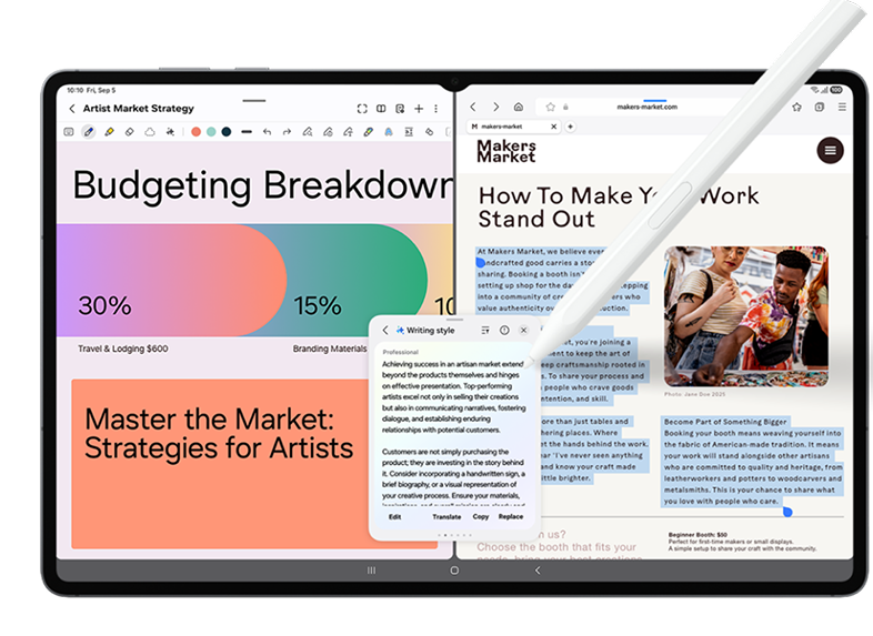 A tablet with a word processor app on the screen, and a stylus on top