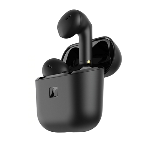 A pair of black earbuds in a case