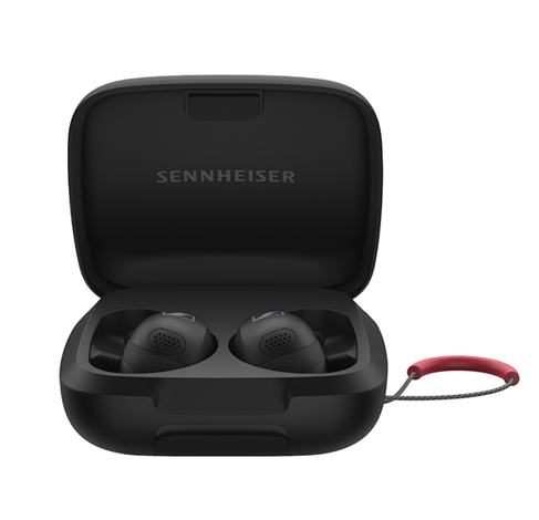 A pair of black earbuds in a case