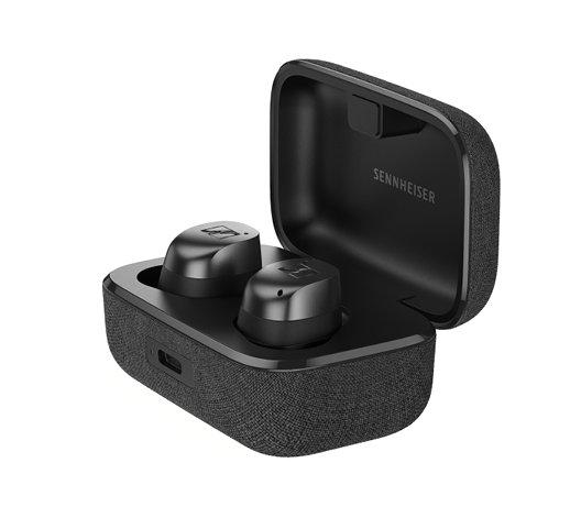 A pair of black earbuds in a case