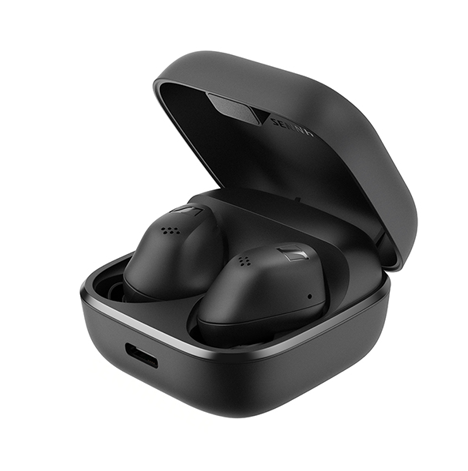 A pair of black earbuds in a case
