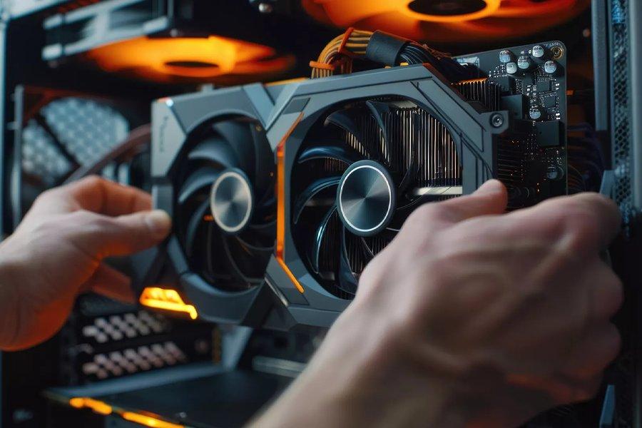 A pair of hands putting a graphics card into a PC