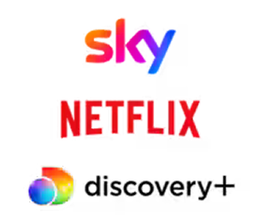 Logos for Sky, Netflix and Discovery+