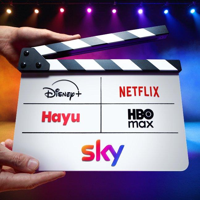 A clapperboard with Disney, Hayu, Netflix, HBO Max and Sky logos on it