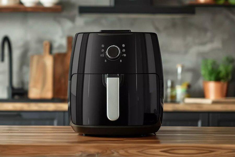 A black air fryer on a wooden counter