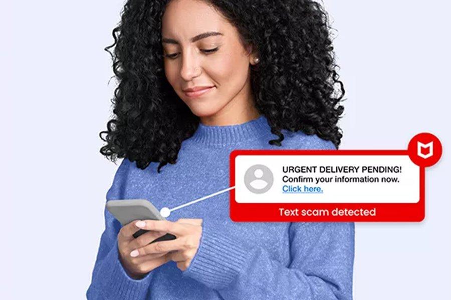 A woman holding a mobile phone with a notification overlaid