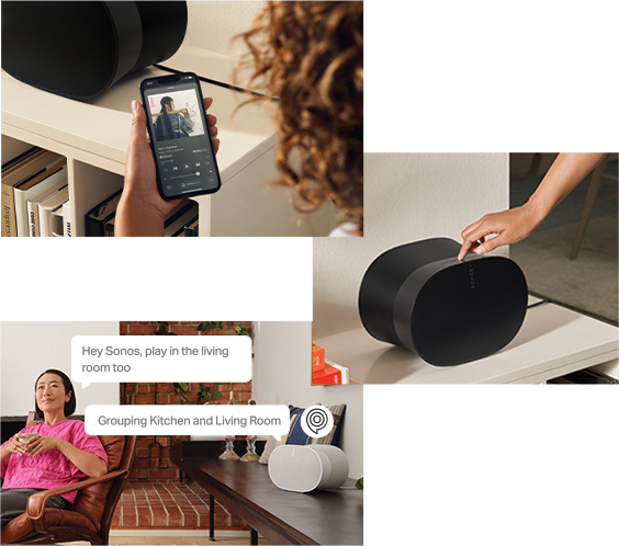 Three images; someone holding a phone with music on it, a hand changing settings on a speaker and a woman speaking to her speaker