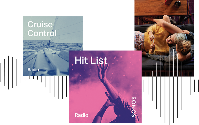 Three square images showing types of music, with soundwaves underneath