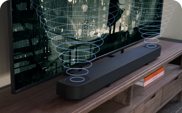 A soundbar in front of a television