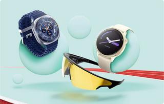 Two smart watches and a pair of AI glasses hovering over a running track