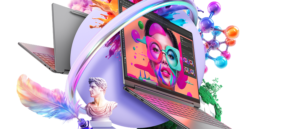 Two laptops on top of a purple circle surrounded by icons and swirls