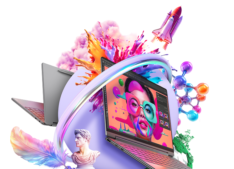 Two laptops on top of a purple circle surrounded by icons and swirls