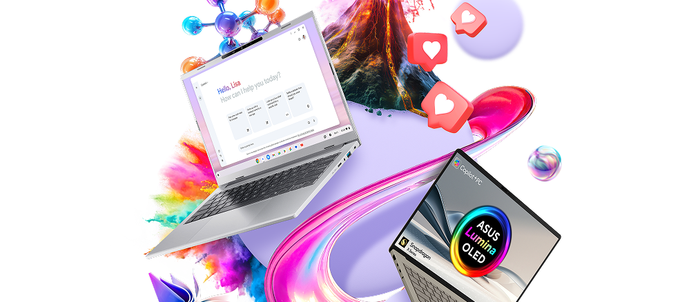 Two laptops on top of a purple circle surrounded by icons and swirls