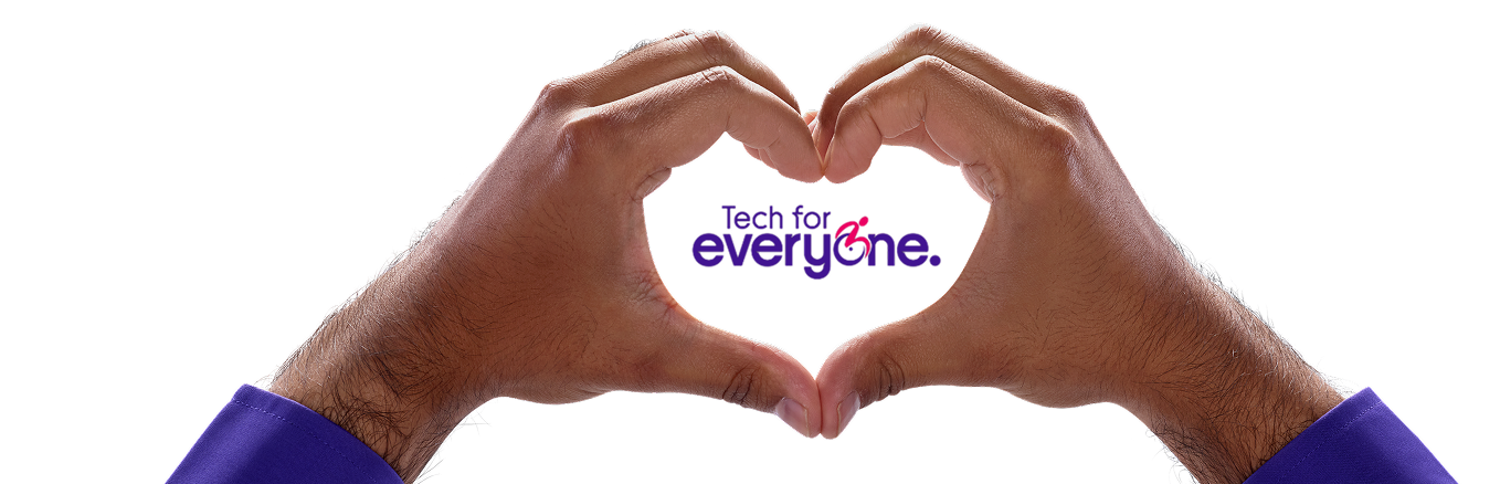 A pair of hands making a heart shape with a logo for Tech for everyone inside the heart