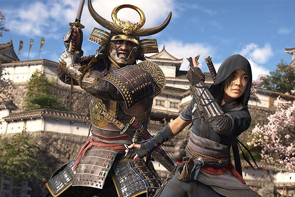 two people dressed in armor and holding swords in front of a castle