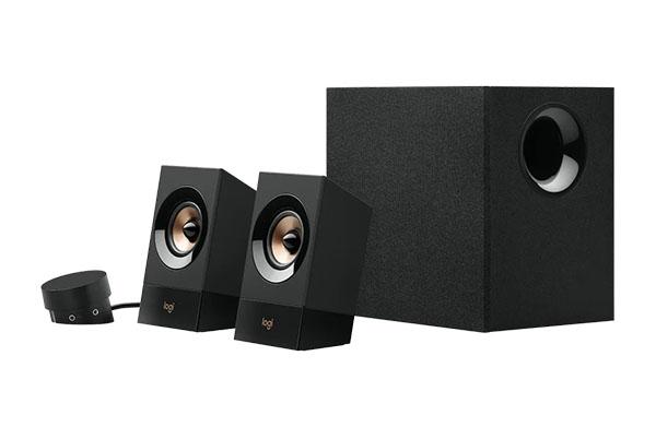 a black speaker system with two speakers and a subwoofer