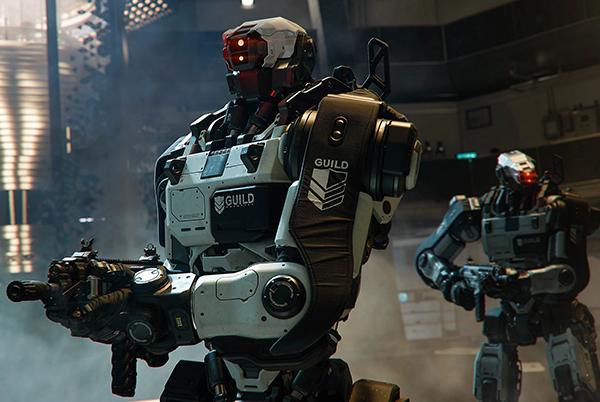 two robots standing in a room with smoke coming out of the ceiling