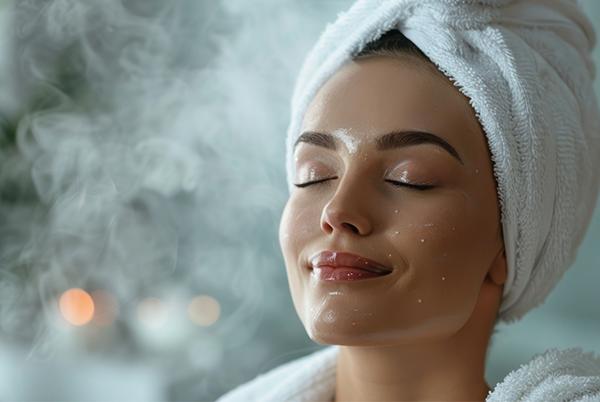 a woman in a towel with steam coming out of her face