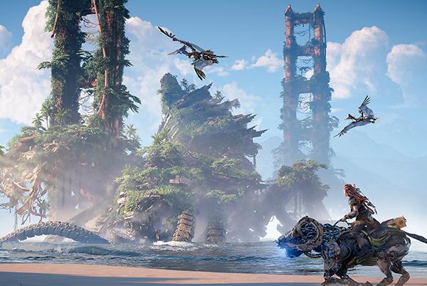 a video game with a woman standing on a beach with a large tree in the background