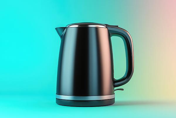 a black kettle on a colorful background with a blue background