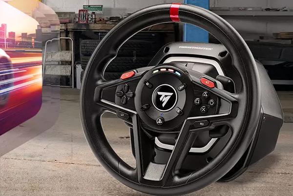 a steering wheel and a car driving by in a garage