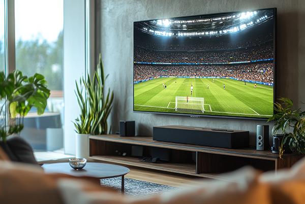 a large flat screen television in a living room with a soccer game on