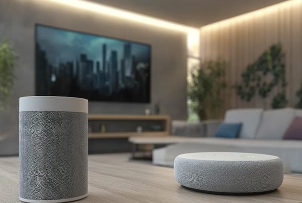 a large tv on a table with a speaker and a remote