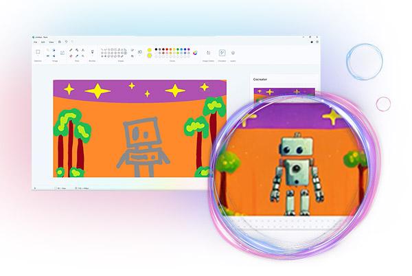 a computer screen with a picture of a robot and a drawing
