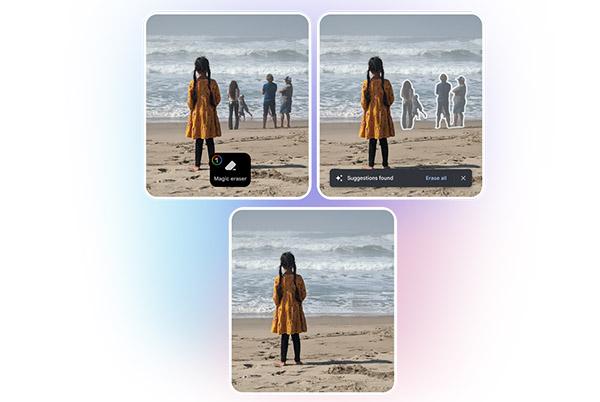 a collage of four pictures of a girl standing on the beach