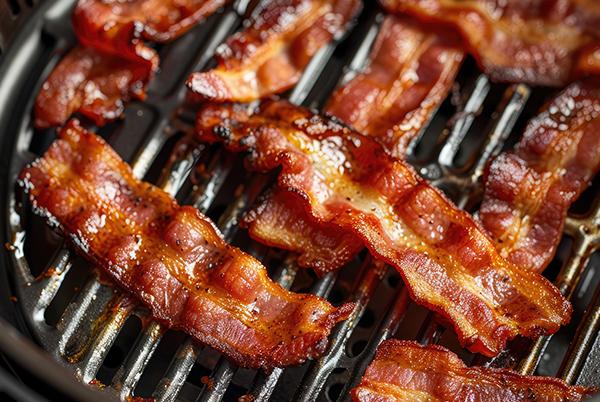A close up of bacon cooking in an air fryer
