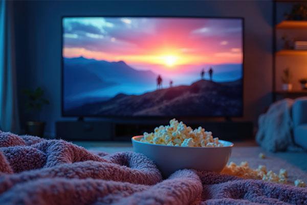 a bowl of popcorn on a blanket in front of a tv