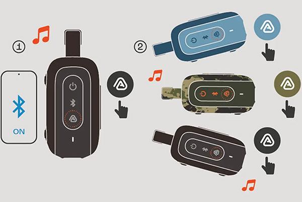 a set of four different Bluetooth speakers with pairing buttons