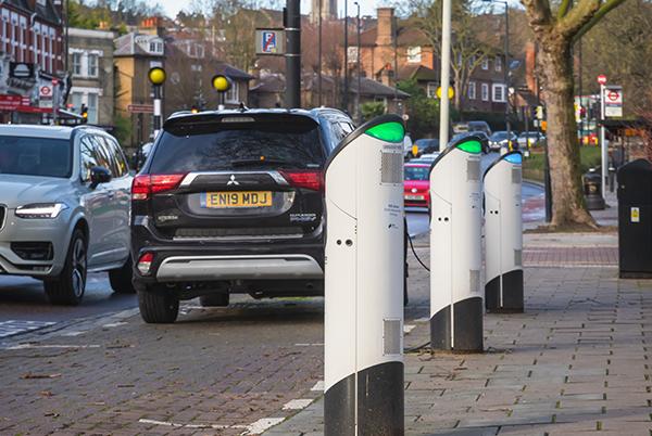 a row of EV charging points in London