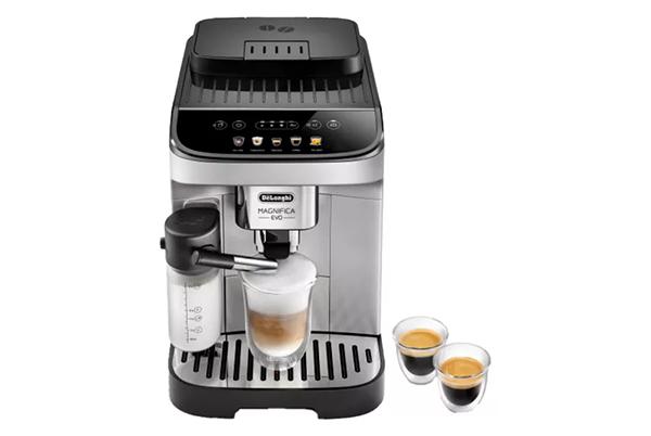 a coffee machine with two cups of coffee on a white surface