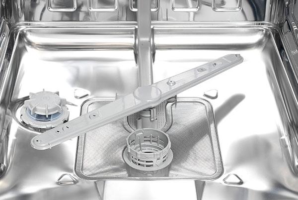 a close up of a dishwasher with a silver finish